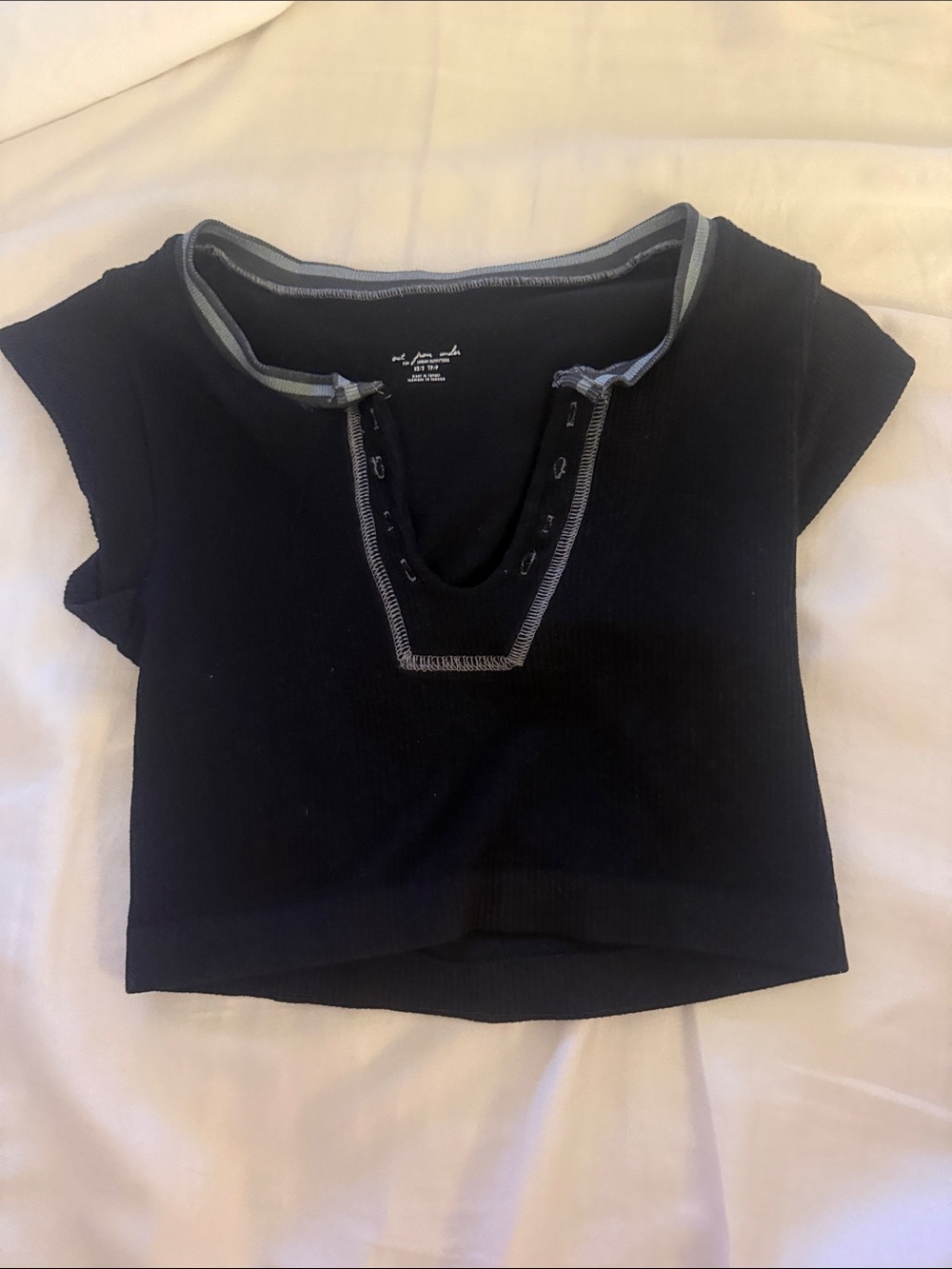 Urban Outfitters Black Cropped Rib-Knit Tee with Gray Trim